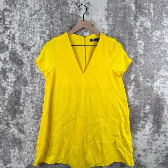 New Zara Dress XS Womens Yellow V Neck Twill Mini Tunic Oversized - Picture 1 of 11